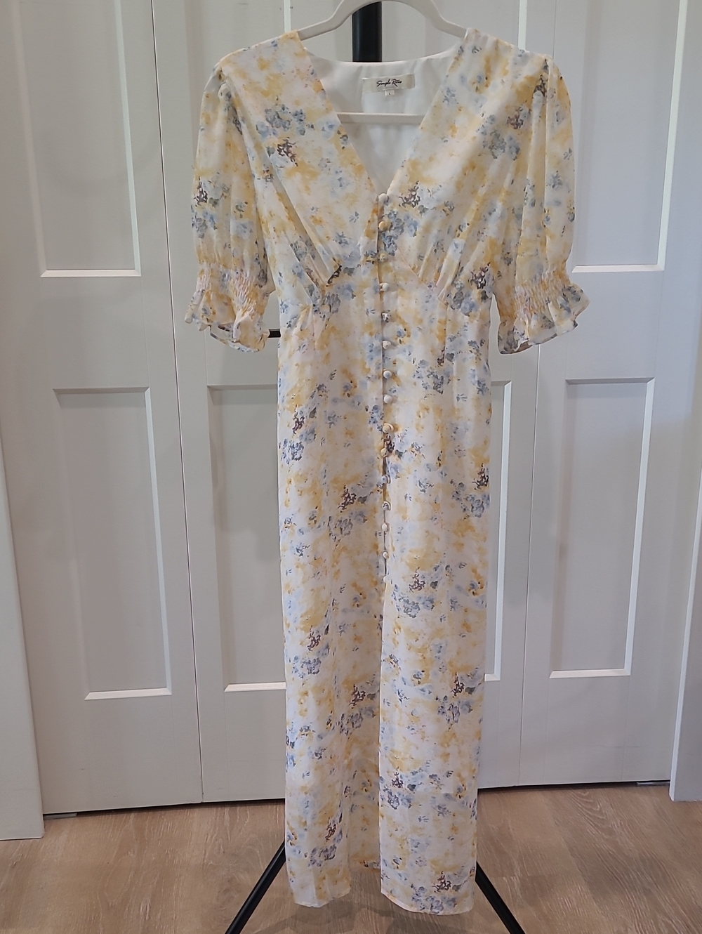 Floral V-Neck Puff Sleeve Maxi Dress in Yellow/Blue